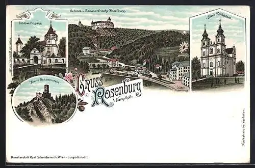 Lithographie Rosenburg im Kampthal, Schloss, Maria Dreieichen, Ruine Schauenstein