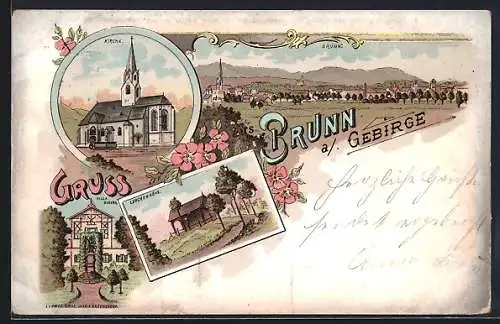 Lithographie Brunn a. Gebirge, Lerchenhöhe, Villa Gudera, Kirche, Ortsansicht