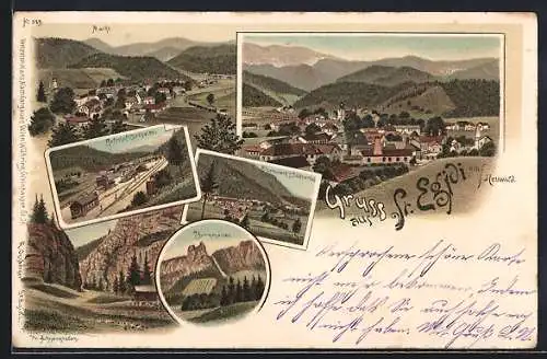 Lithographie St. Aegyd am Neuwalde, Eisenwerk Südseite, Mark, Bahnhof Südseite