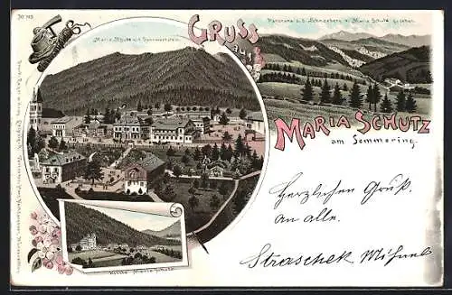 Lithographie Maria Schutz am Semmering, Panorama auf den Schneeberg, Ortsansicht mit Sonnwendstein, Kirche