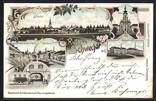 Lithographie Schwechat /N. Ö., Gasthof Bräuhaus, Seitenansicht mit Kirche, Haupttor