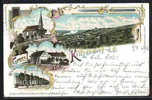 Lithographie Kritzendorf b. Klosterneuburg, Restaurant Karl Gangl, Handlung Hilbert, Kirche