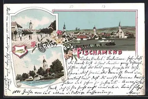 Lithographie Fischamend, Strassenpartie, Eisenbahn vor dem Ort