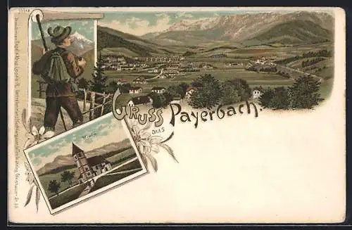 Lithographie Payerbach, Ortsansicht mit Kirche und Wanderer