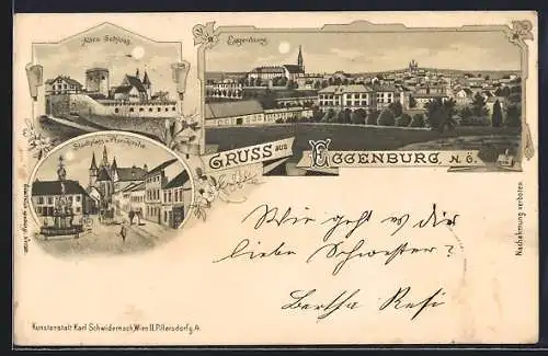 Lithographie Eggenburg /N.Ö., Stadtplatz u. Pfarrkirche, Altes Schloss, Ortsansicht