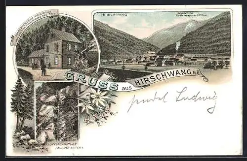 Lithographie Reichenau an der Rax, Hirschwang, Schneeberg, Teufelsbadstube, Touristenheim Weichthal