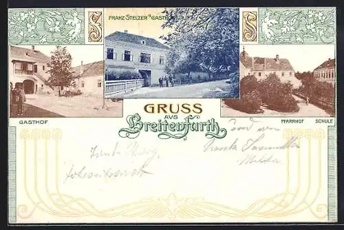 AK Breitenfurt /N.-Oe., Gasthaus Franz Stelzer, Pfarrhof und Schule, Jugendstil-Passepartout