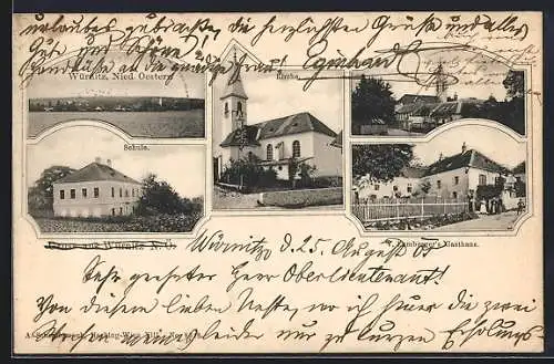 AK Würnitz /N. Ö., Gasthaus V. Lumberger, Kirche, Schule