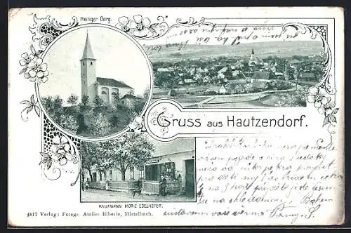 AK Kreuttal, Hautzendorf, Geschäft von Kaufmann Moriz Edelhofer, Heiliger Berg mit Kirche, Teilansicht