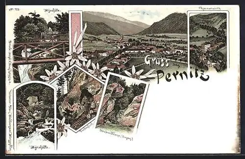 Lithographie Pernitz, Myrafälle, Steinwandklamm, Gesamtansicht