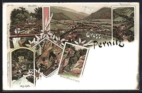 Lithographie Pernitz, Gasthaus Karnerwirt, Türkenjoch, Myrafälle