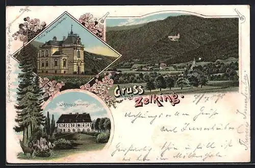 Lithographie Zelking, Villa Heussenstamm, Schloss Harrach, Ortsansicht