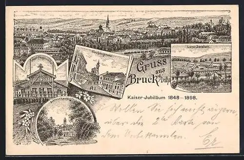 Lithographie Bruck a. Leitha, Kirchengasse, Lager-Hauptwache, Schloss Harrach