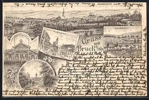 Lithographie Bruck a. Leitha, Lager Hauptwache, Baracken, Schloss Harrach