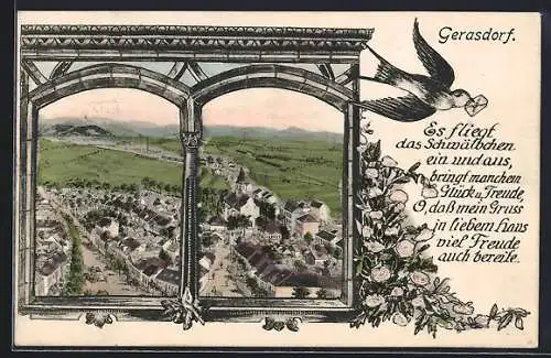 Künstler-AK Gerasdorf, Teilansicht mit Kirche, Strassenpartie, Schwalbe mit Brief
