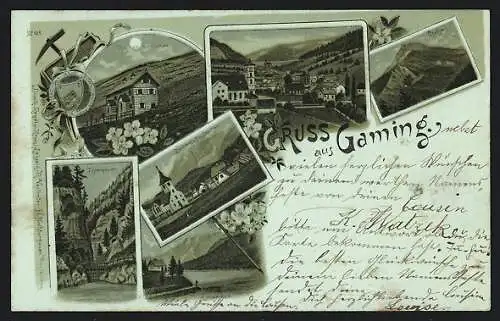 Mondschein-Lithographie Gaming /N.-Oe., Ötscher-Schutzhaus, Thormäuer, Lunzersee, Ortsansicht