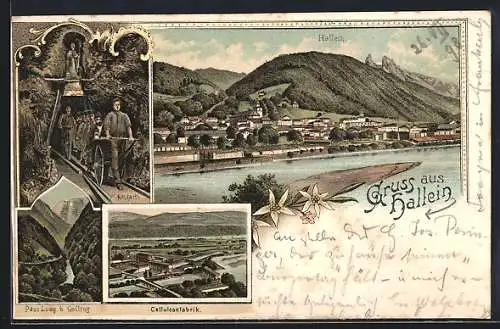 Lithographie Hallein, Ausfahrt aus dem Bergwerk, Pass Lueg, Cellulosefabrik, Gesamtansicht