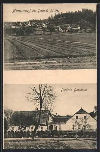 AK Nonndorf bei Gmünd, Binder`s Gasthaus, Ortsansicht übers Feld