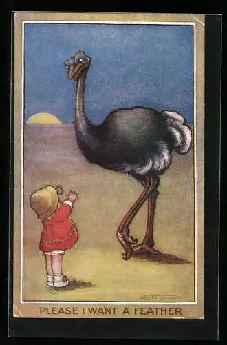 Künstler-AK Mädchen bittet Strauss um eine Feder