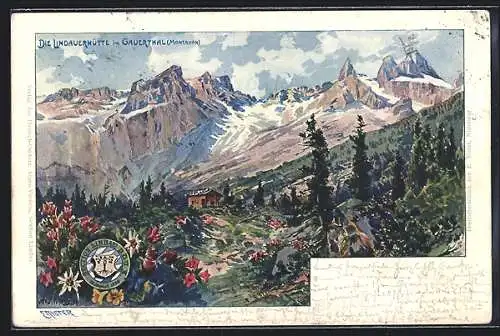 Lithographie Lindauerhütte im Gauerthal, Ansicht im Bergidyll