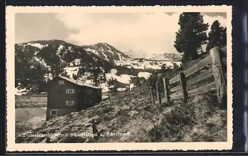 AK Winterleitenhütte, Ansicht mit Schlosserkogel und Scharfeseck