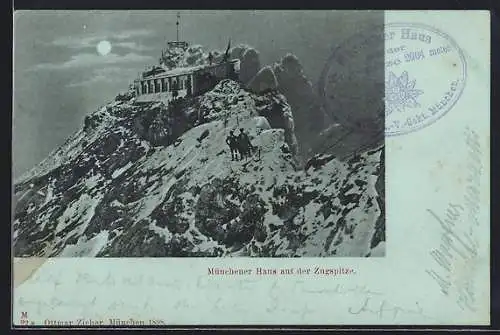 Mondschein-AK Münchener Haus auf der Zugspitze, Gesamtansicht mit Gipfeln und Wanderern