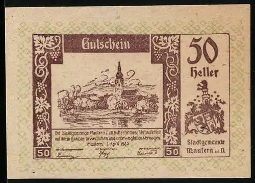 Notgeld Mautern 1920, 50 Heller, Stadtansicht mit Kirche und Wappen