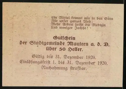 Notgeld Mautern 1920, 50 Heller, Stadtansicht mit Kirche und Wappen