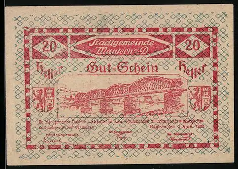 Notgeld Mautern 1920, 20 Heller, Brückenmotiv mit Stadtwappen