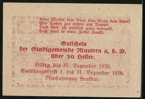 Notgeld Mautern 1920, 20 Heller, Brückenmotiv mit Stadtwappen