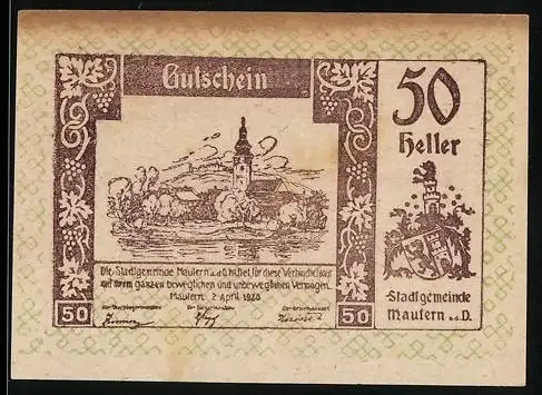 Notgeld Mautern a.d.D. 1920, 50 Heller, Stadtansicht mit Kirche, Wappen, gültig bis 31. Dezember 1920