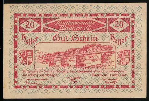 Notgeld Mautern 1920, 20 Heller, Brückenmotiv mit Wappen und Gedicht