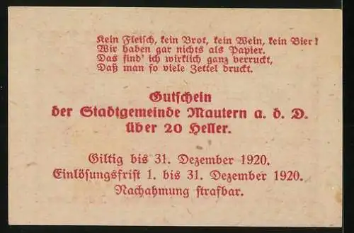 Notgeld Mautern 1920, 20 Heller, Brückenmotiv mit Wappen und Gedicht