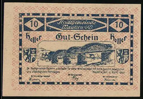 Notgeld Mautern 1920, 10 Heller, Brücke mit Wappen und dekorativem Randmuster