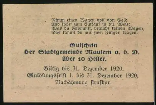 Notgeld Mautern 1920, 10 Heller, Brücke mit Wappen und dekorativem Randmuster