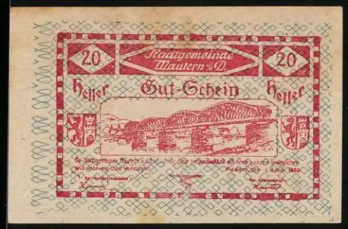 Notgeld Mautern 1920, 20 Heller, Brückenansicht und Wappen