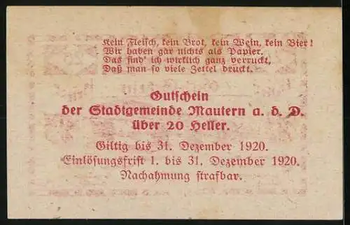 Notgeld Mautern 1920, 20 Heller, Brückenansicht und Wappen