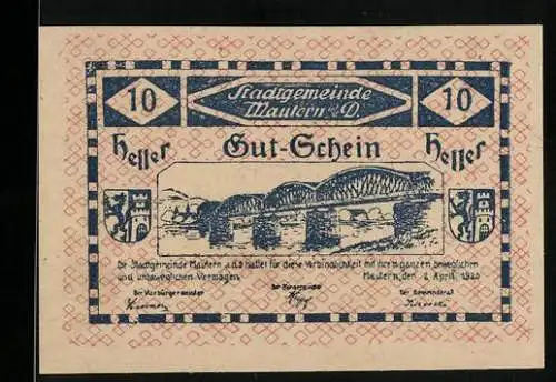 Notgeld Mautern 1920, 10 Heller, Brücke und Stadtwappen