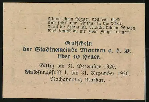 Notgeld Mautern 1920, 10 Heller, Brücke und Stadtwappen