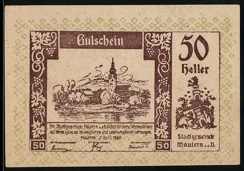 Notgeld Mautern 1920, 50 Heller, Stadtansicht mit Kirchturm und Stadtwappen