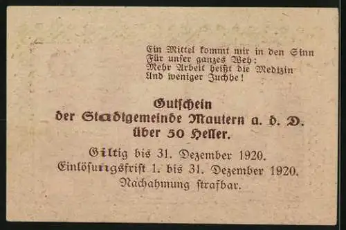 Notgeld Mautern 1920, 50 Heller, Stadtansicht mit Kirchturm und Stadtwappen