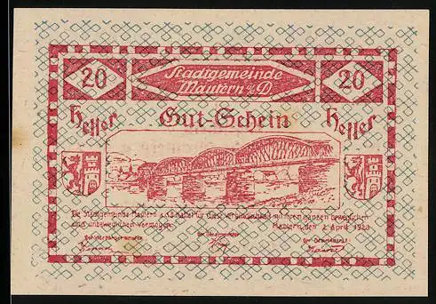 Notgeld Mautern 1920, 20 Heller, Brücke über Fluss mit Stadtwappen und Ornamenten