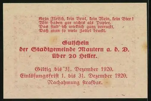 Notgeld Mautern 1920, 20 Heller, Brücke über Fluss mit Stadtwappen und Ornamenten