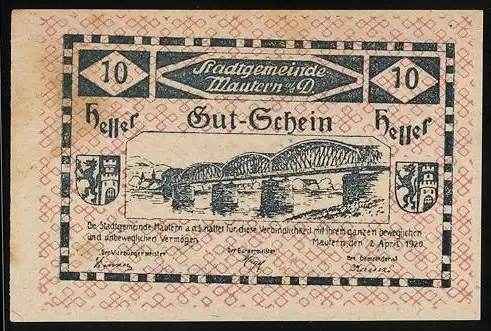 Notgeld Mautern 1920, 10 Heller, Brücke-Motiv mit Stadtwappen