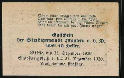 Notgeld Mautern 1920, 10 Heller, Brücke-Motiv mit Stadtwappen