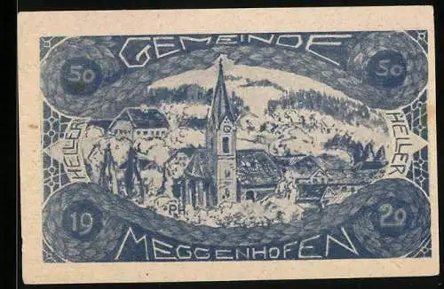 Notgeld Meggenhofen 1920, 50 Heller, Dorflandschaft mit Kirche und Wald im Hintergrund