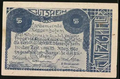 Notgeld Meggenhofen 1920, 50 Heller, Dorflandschaft mit Kirche und Wald im Hintergrund