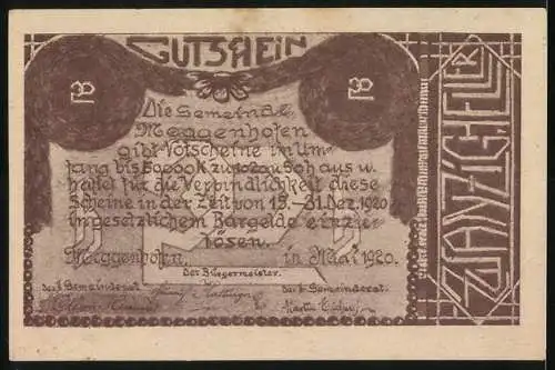 Notgeld Meggenhofen 1920, Kirche als Motiv, Gemeinde-Gutschein, braunes Design