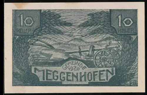 Notgeld Meggenhofen 1920, 10 Heller, Landschaft mit Wagenrad und Ährenbündeln