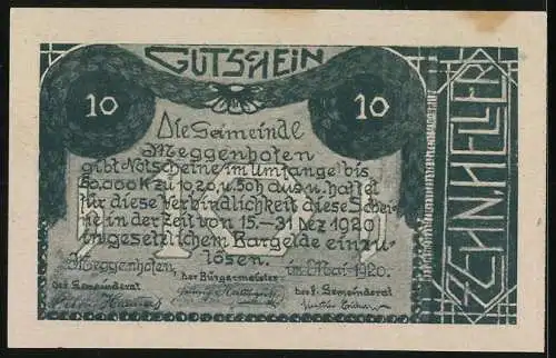 Notgeld Meggenhofen 1920, 10 Heller, Landschaft mit Wagenrad und Ährenbündeln